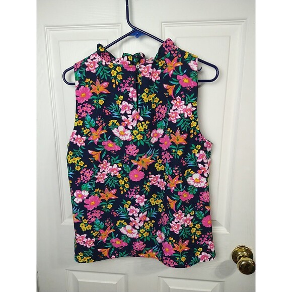 J. Crew Woman M High Ruffle Neck Floral Sleeveless Tank Keyhole Pullover - Picture 7 of 7